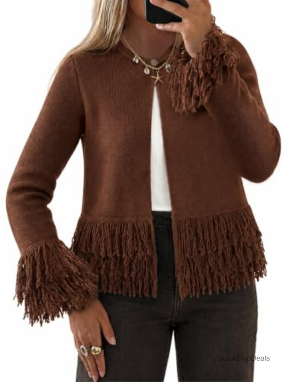 Crochet Fringe Cardigan Button Down Crew Neck Boho Knit Sweater